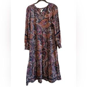 Canyon Retreat Whimsical Paisley Boho Midi Dress Long Sleeve Tiered M